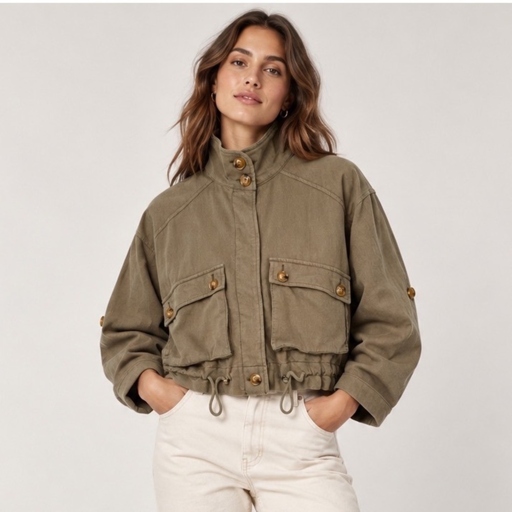 Blank NYC Utility Jacket Womens S Olive Green Good Cropped Cargo Military Twill